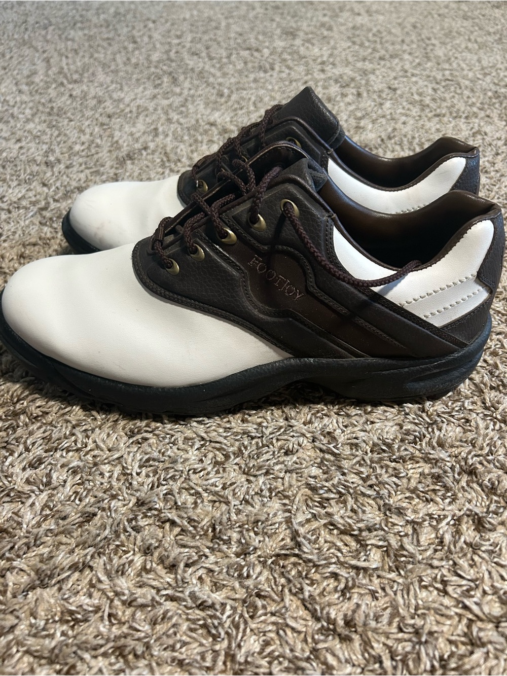 New FootJoy GreenJoys Golf Shoes Mens 11 M Saddle Soft Spikes  White Brown - Picture 3 of 11
